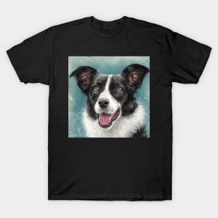 Painting of a Black and White Border Collie Dog on Grey Blue Background T-Shirt